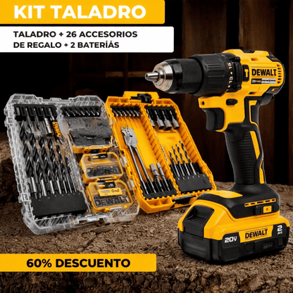 Kit Taladro Inalámbrico DEWALT 20V™ — Maletín + 26 Accesorios + 2 Baterías